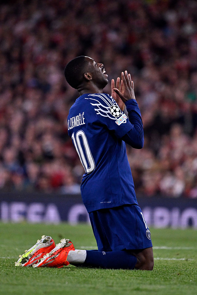 Ousmane Dembele of Paris Saint-Germain reacts during the UEFA Champions League 2024/25 Semi Final First Leg match between Arsenal FC and Paris Saint-Germain at Emirates Stadium on April 29, 2025 in London, England.