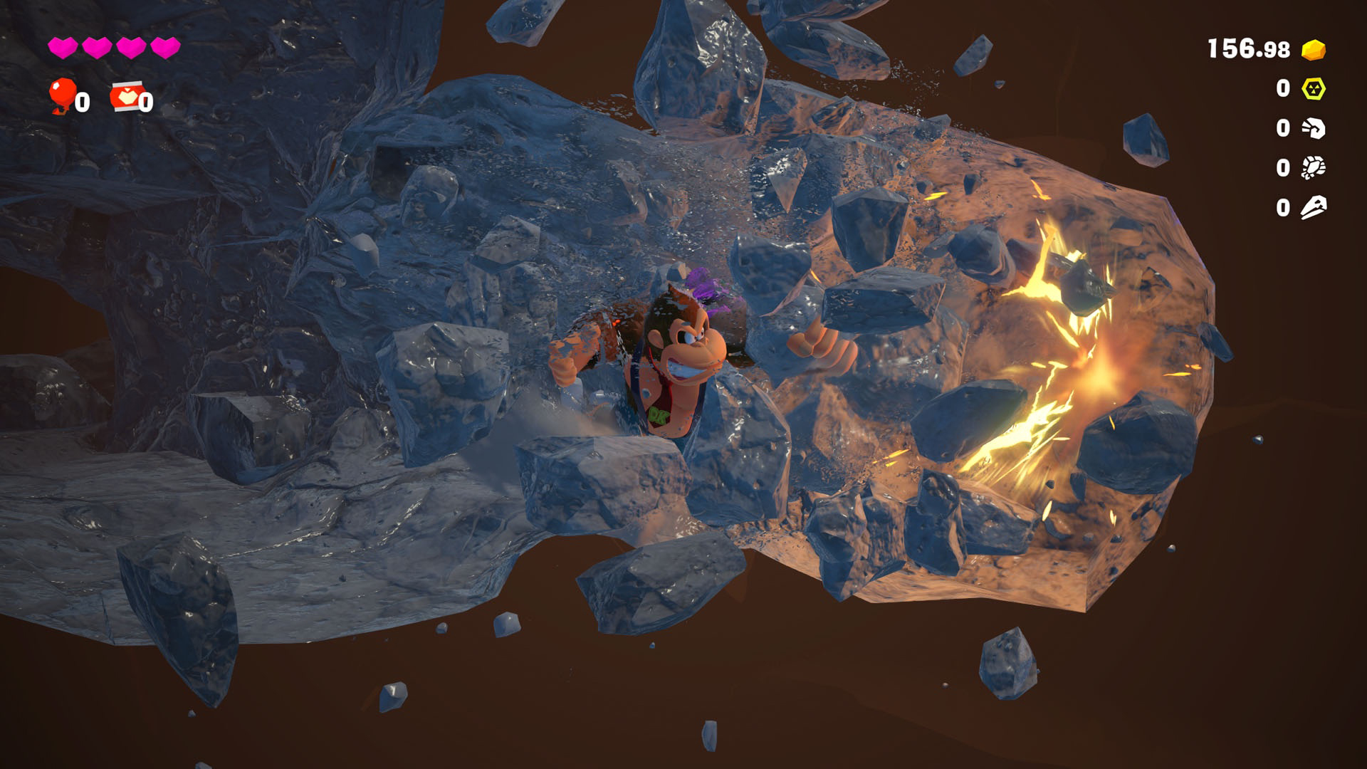 Donkey Kong punching through rocks from a 2D perspective in Donkey Kong Bananza