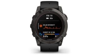 A studio shot of the Garmin Fenix 7 Pro, with the solar intensity feature on display