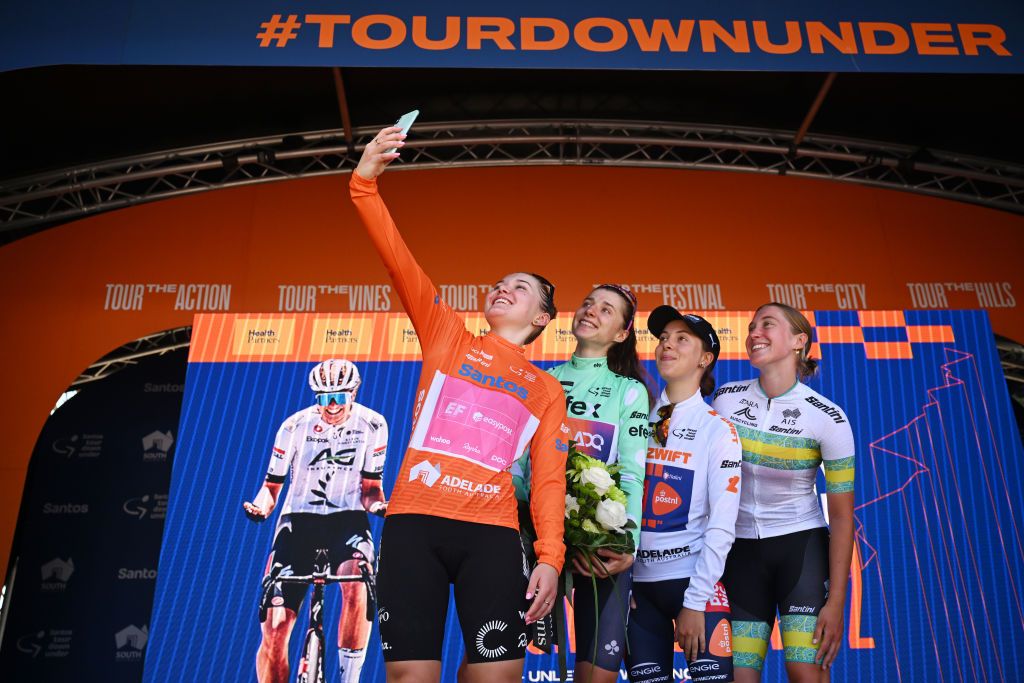 Race leader Noemi Ruegg, mountains leader Dominika Wlodarczyk, best young rider Eleonora Ciabocco and Alli Anderson 