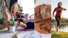 Woman making detox juice, doing crunch, gluten free bread, and woman running