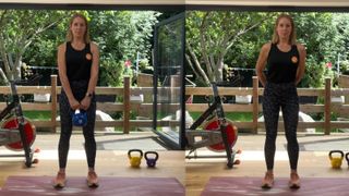 Two photos side by side of a woman exercising at home. In the first photo she holds a kettlebell in both hands in front of here. In the second photo she holds the kettlebell behind her back in both hands. She is wearing a tank top, leggings and trainers, and there is an exercise bike and two kettlebells in the background