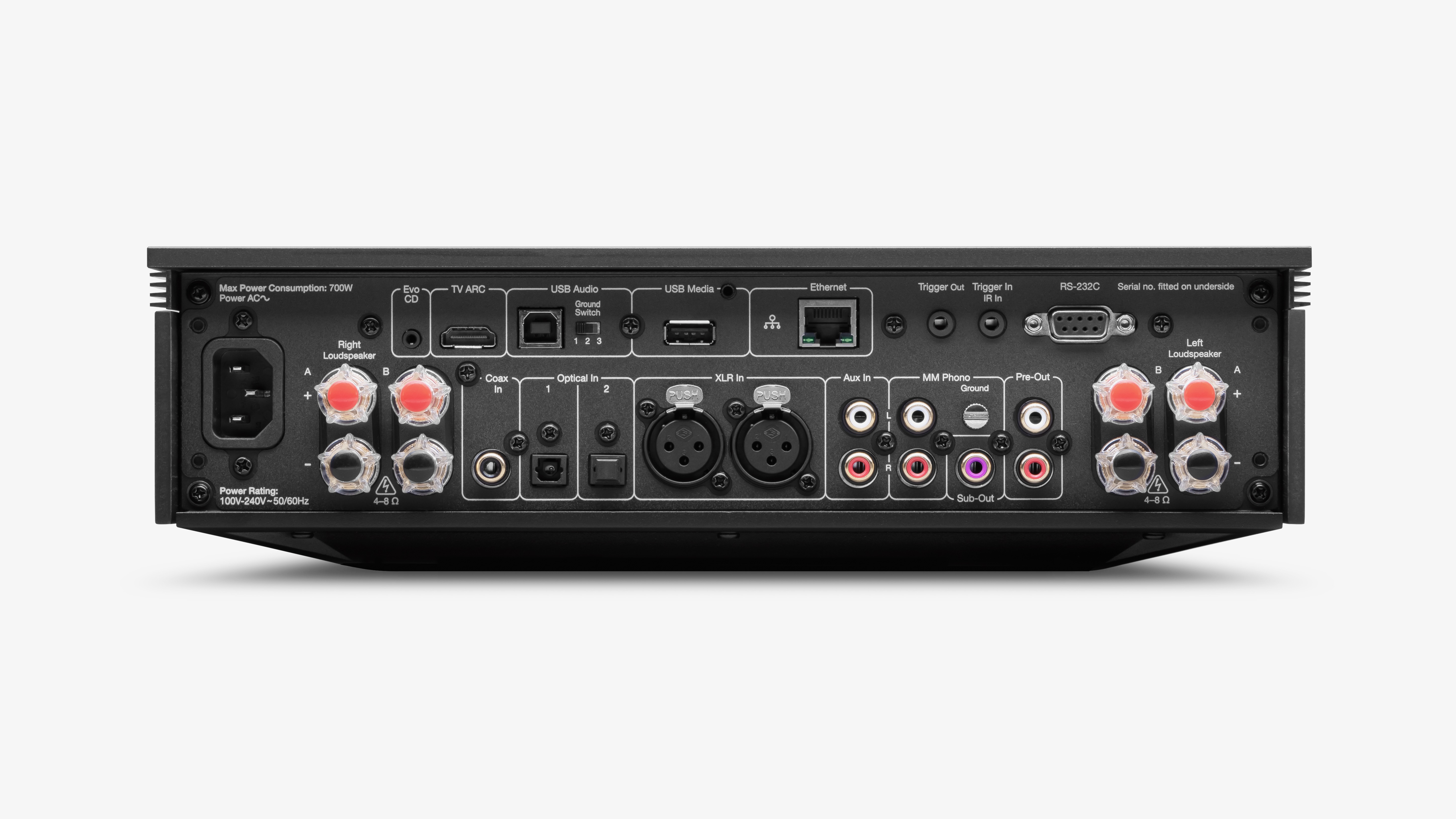 Rear panel with connections on the Cambridge Audio Evo 150 SE streaming amplifier
