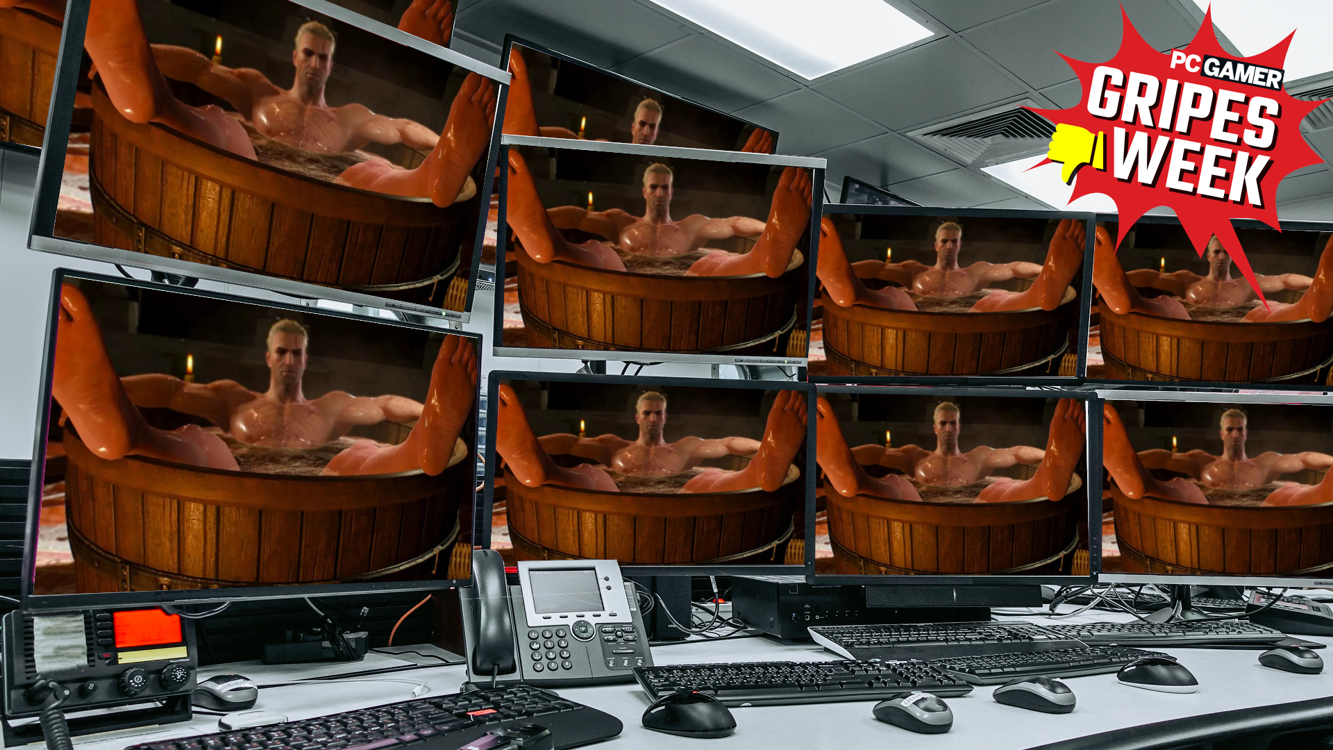 Group of blank monitors and screen on security desk or control room for monitor process or stock data trading photoshopped so each monitor displays Geralt of Rivia soaking in the tub from the beginning of The Witcher 3