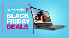 The Dell G15 gaming laptop on a cyan background with the text 'TechRadar Black Friday Deals'.