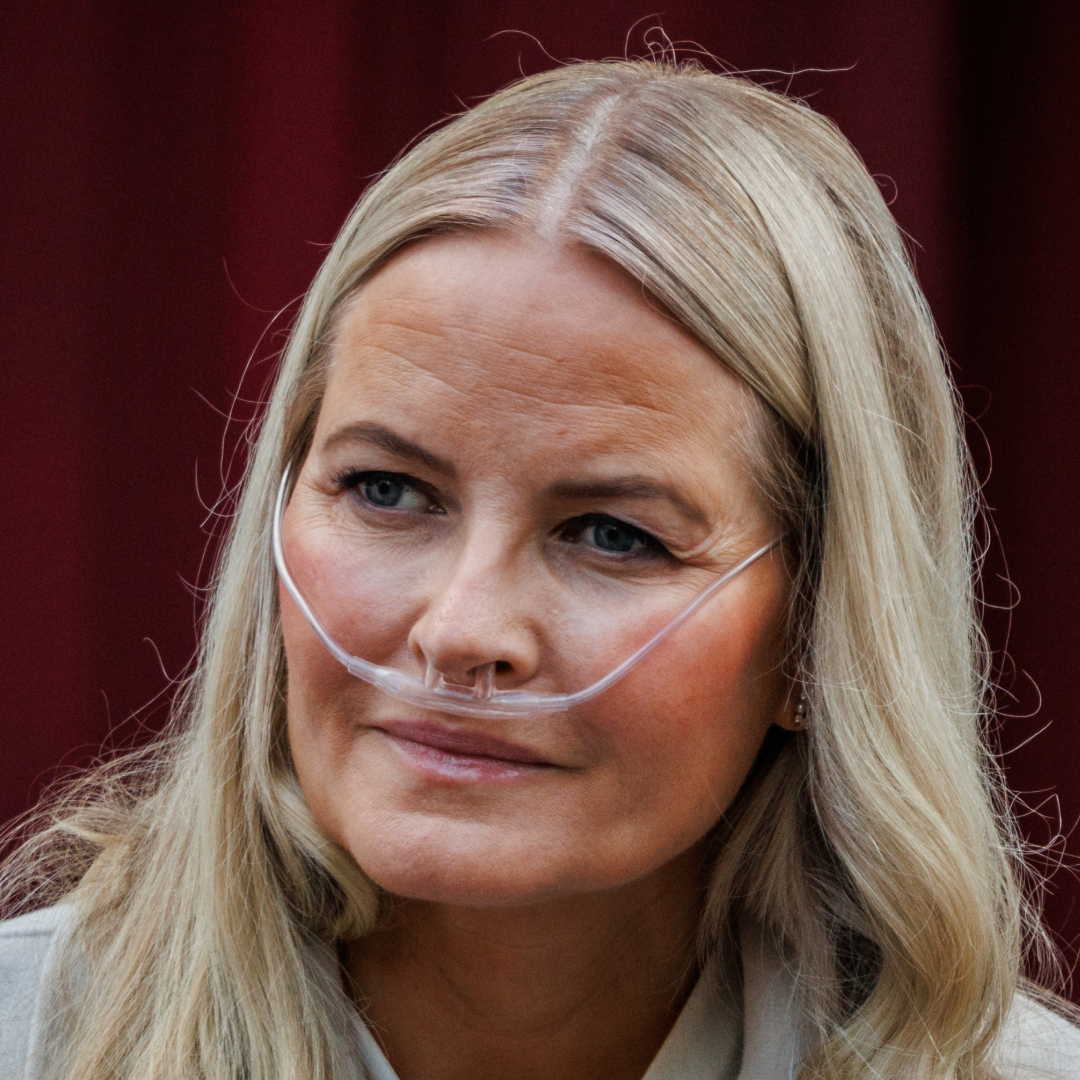 Queen Mette Marit wearing a nasal cannula