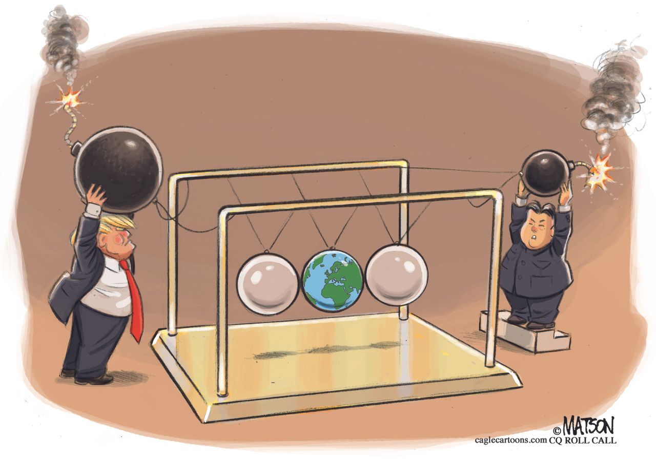 Political cartoon U.S. Trump Kim Jong Un nuclear weapons