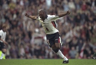 Arsenal and England striker Ian Wright of England celebrates after scoring a goal during the International Friendly against South Africa at Old Trafford in Manchester, England. England won the match 2-1. \ Mandatory Credit: Ben Radford /Allsport