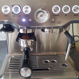 A close up of the Sage Barista Express coffee machine