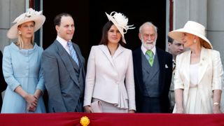 Lady Gabriella Windsor, Lord Frederick Windsor, Lady Frederick Windsor, Prince Michael of Kent and Princess Michael of Kent stand on the balcony of Buckingham Palace during Trooping The Colour 2018