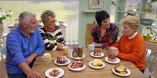Noel Fielding, Sandi Toksvig, Prue Leith, and Paul Hollywood in The Great British Baking Show