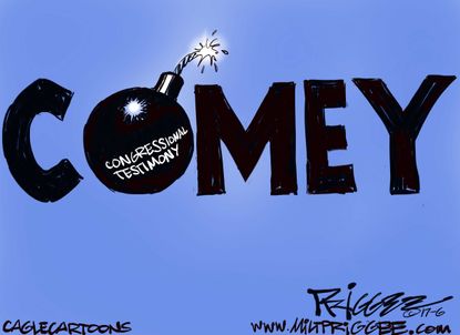 Political cartoon U.S. Comey hearing bomb
