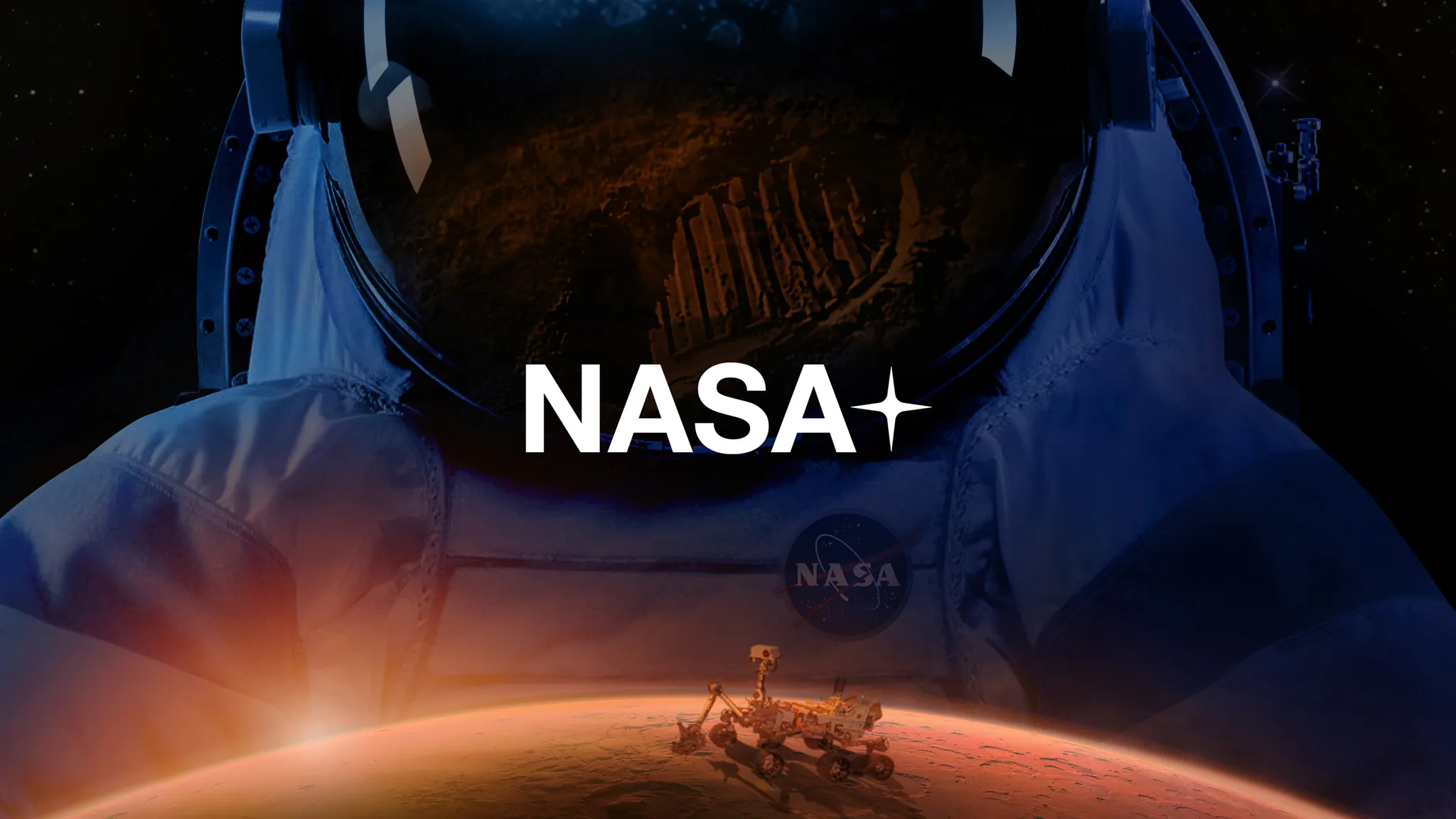 An artist's rendering of NASA+ with an astronaut and planet