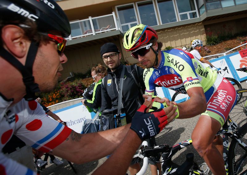 Peter Sagan (Tinkoff-Saxo) and Daniel Oss (BMC) after the stage
