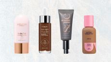 Collage of four of the best tinted moisturisers featured in this guide from (left to right) Sculpted by Aimee, L'Oreal Paris, Saie and Ultra Violette, set against a marble effect background