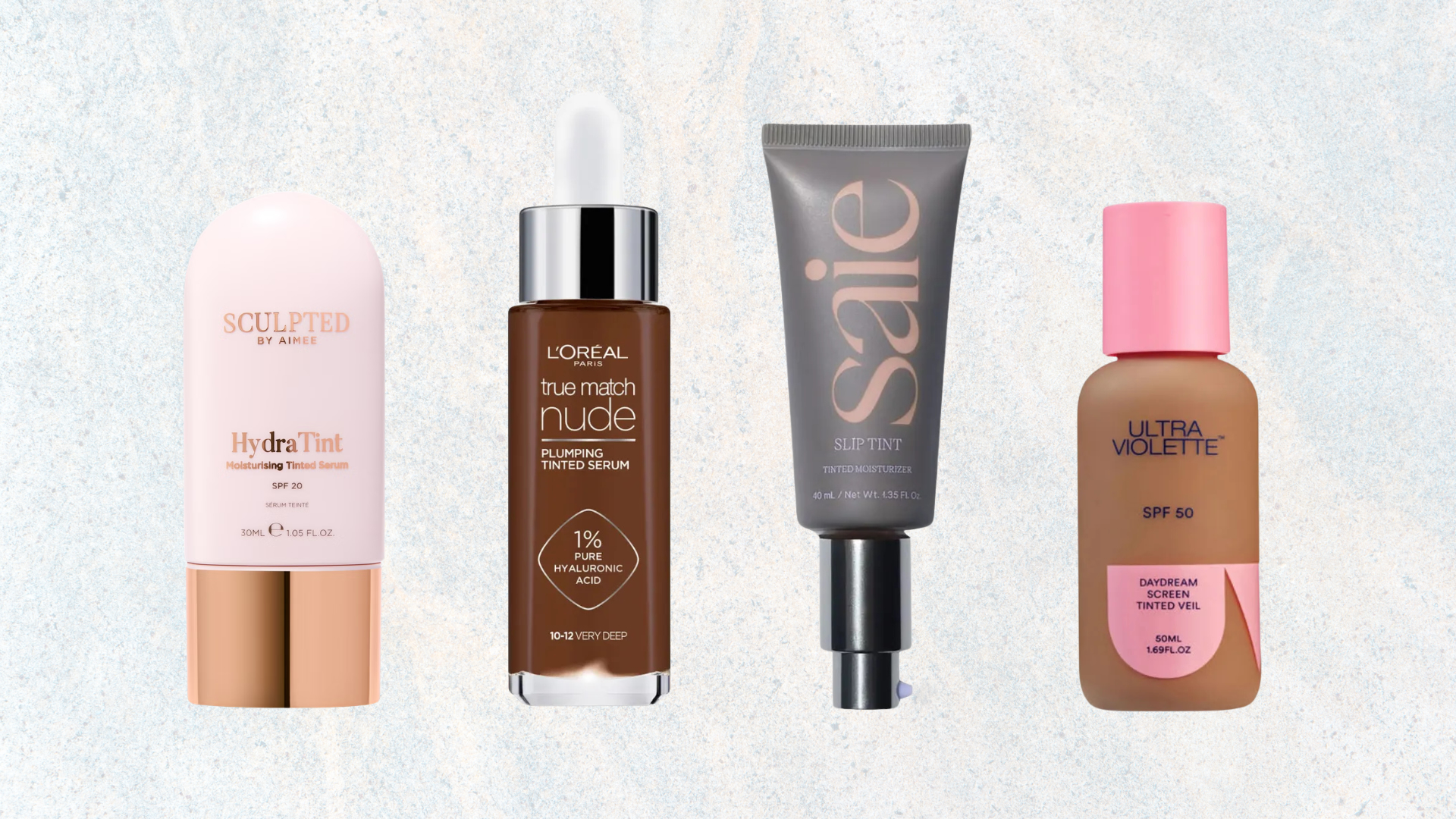 Collage of four of the best tinted moisturisers featured in this guide from (left to right) Sculpted by Aimee, L'Oreal Paris, Saie and Ultra Violette, set against a marble effect background