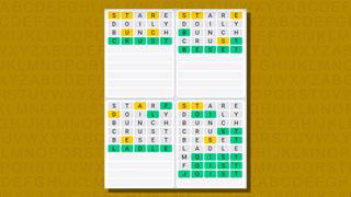 Quordle daily sequence answers for game 787 on a yellow background