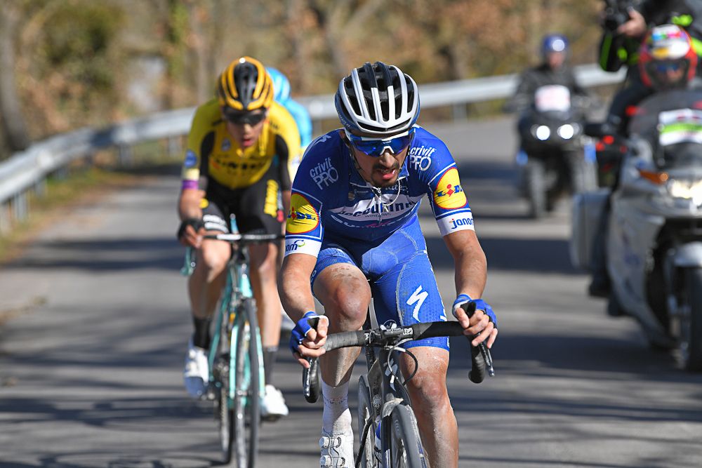 Julian Alaphlippe leads Wout Van Aert and Jakob Fuglsang near the end of Strade Bianche