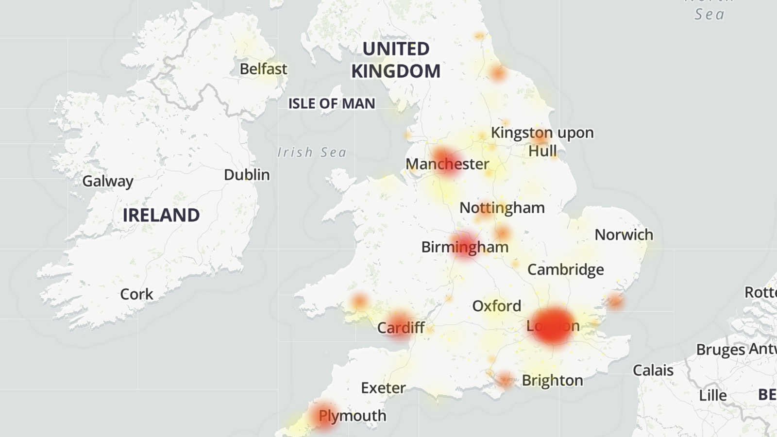 A Downdetector map showing Three UK outage reports
