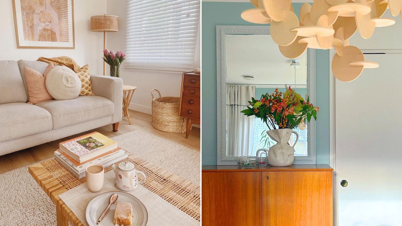 Two pictures: one of a cream living room with wooden furniture and one of a blue entryway with a console table