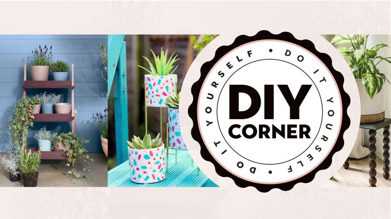 A trio of DIY plant stands with DIY corner emblem