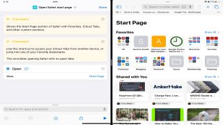 Screenshot of the Open Safari Start Page shortcut side-by-side with Safari open to the same view.