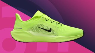 Nike Pegasus 41 in green on a magenta background
