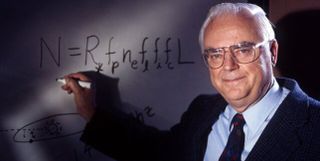 Astronomer Frank Drake with his famous equation, which estimates the number of potentially detectable alien societies in the Milky Way galaxy.