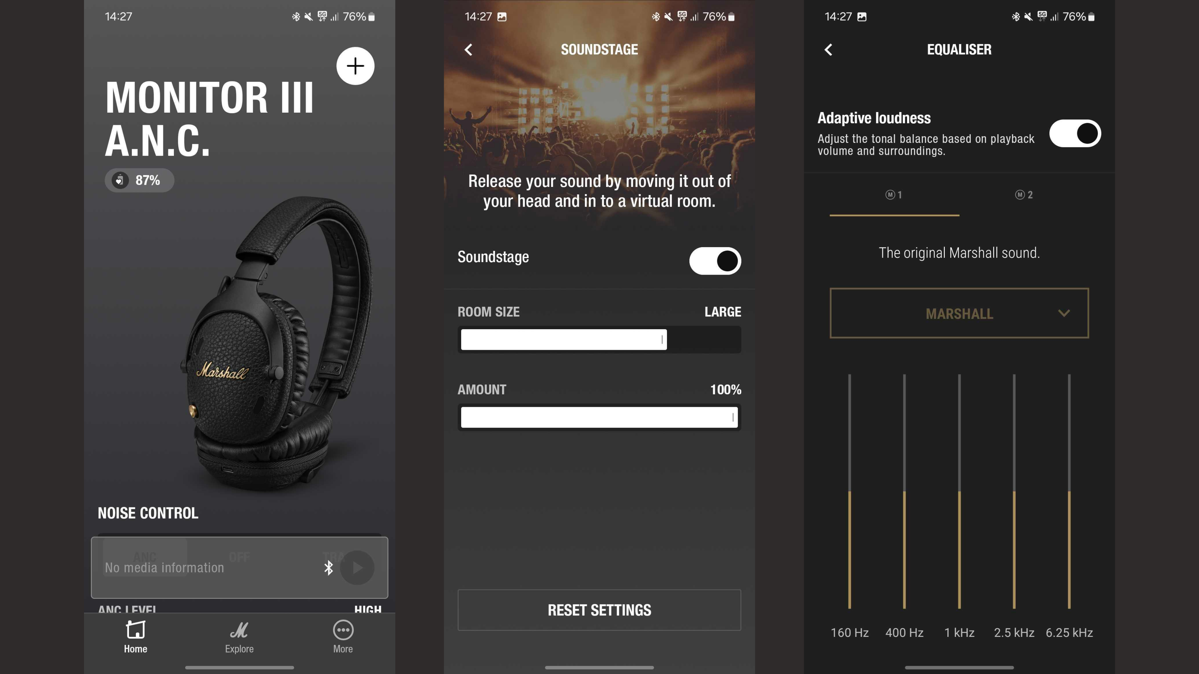The Marshall app showing off the Monitor III ANC headphones, the EQ settings and the Soundstage settings.