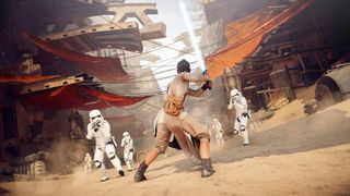 Star Wars Battlefront II: Rey fighting storm troopers with a lightsaber