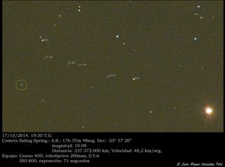 Astrophotographer Juan Miguel González Polo sent in a photo of comet Siding Spring (circled) taken in his personal observatory in Cáceres, western central Spain, on Oct. 7, 2014. He notes that it was already far from Mars when he obtained the image.