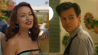 Olivia Wilde, left, wearing a blue dress. Harry Styles, right, looking behind his back. Both in the movie Don't Worry Darling.