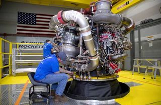 Aerojet Rocketdyne technicians complete final assembly on the first AR-22 rocket engine at Stennis Space Center.