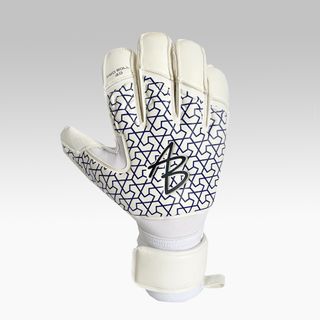 AB1 Uno 3.0 Pro Roll goalkeeper gloves. The gloves come with a white base, 'AB' initials for Asmir Begovic and a navy blue pattern adorning the top of the hand of the gloves.