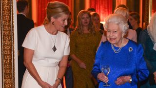 Queen Elizabeth II and Sophie, Countess of Wessex attend a reception to celebrate the work of the Queen Elizabeth Diamond Jubilee Trust at Buckingham Palace on October 29, 2019 in London, England.