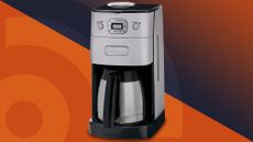 Cuisinart Grind & Brew drip coffee maker against an orange and blue background