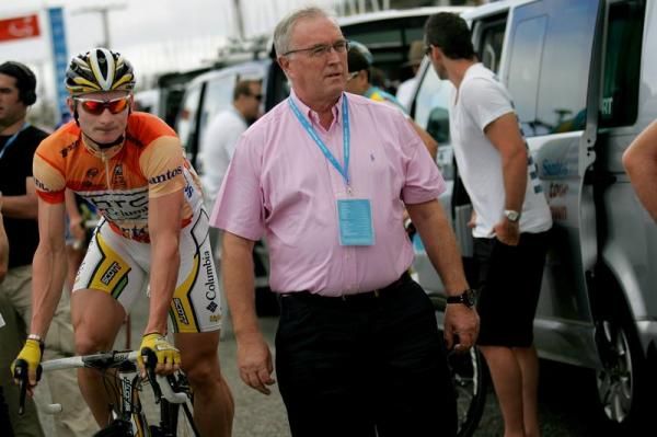 Pat McQuaid wanders through the team cars prior to the start of stage 5.