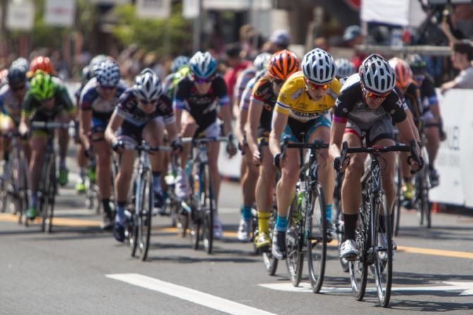 Ally Stacher (Specialized-Lululemon) comes to the front to get set up for the sprint.