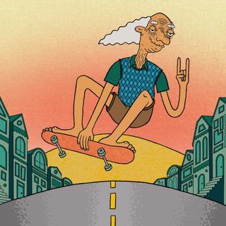 Drawing by Toby Hawksley showing elderly man skateboarding at sunset