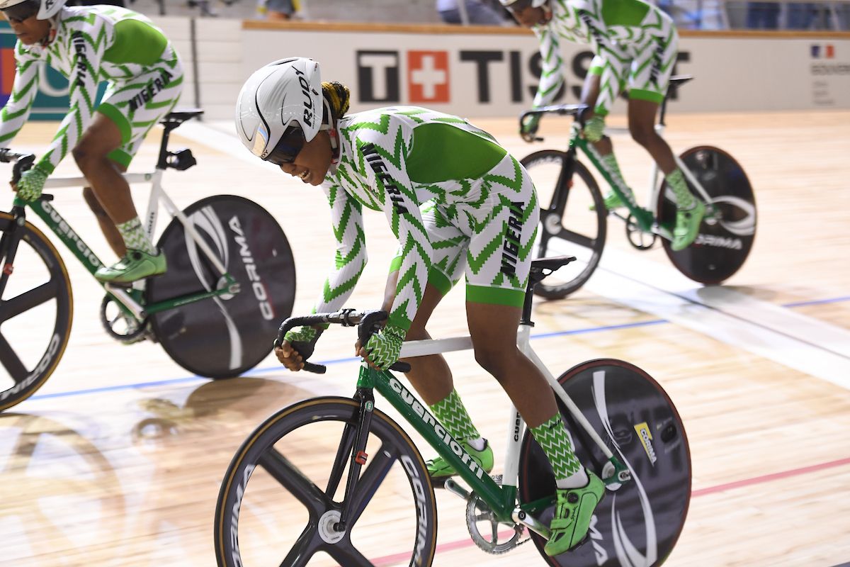Picture by Simon Wilkinson/SWpix.com - 20/10/2021 - Cycling - Tissot 2021 UCI Track Cycling World Championships - Women&acirc;s Team Sprint - Stab Velodrome, Roubaix, France - Nigeria in action during the women's team sprint qualifying