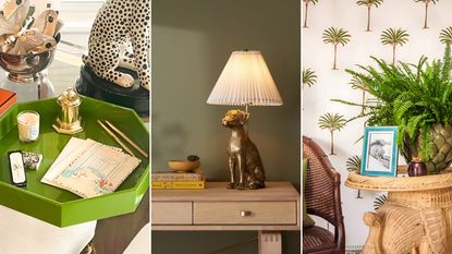 Small entryway table decor ideas will elevate your space. Here are three pictures of these - one of a green tray, one of a brass dog lamp, and one of a plant next to a photo frame