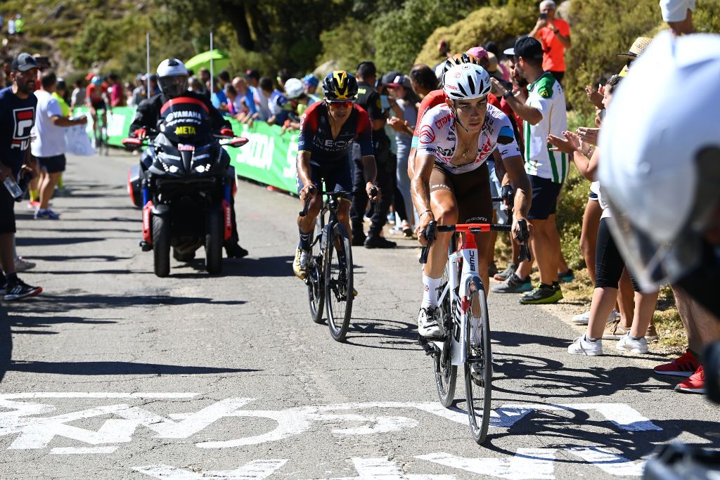 SIERRA DE LA PANDERA SPAIN SEPTEMBER 03 LR Richard Carapaz of Ecuador and Team INEOS Grenadiers and Clment Champoussin of France and AG2R Citren Team compete in the breakaway during the 77th Tour of Spain 2022 Stage 14 a 1603km stage from Montoro to Sierra de La Pandera 1815m LaVuelta22 WorldTour on September 03 2022 in Sierra de La Pandera Spain Photo by Tim de WaeleGetty Images