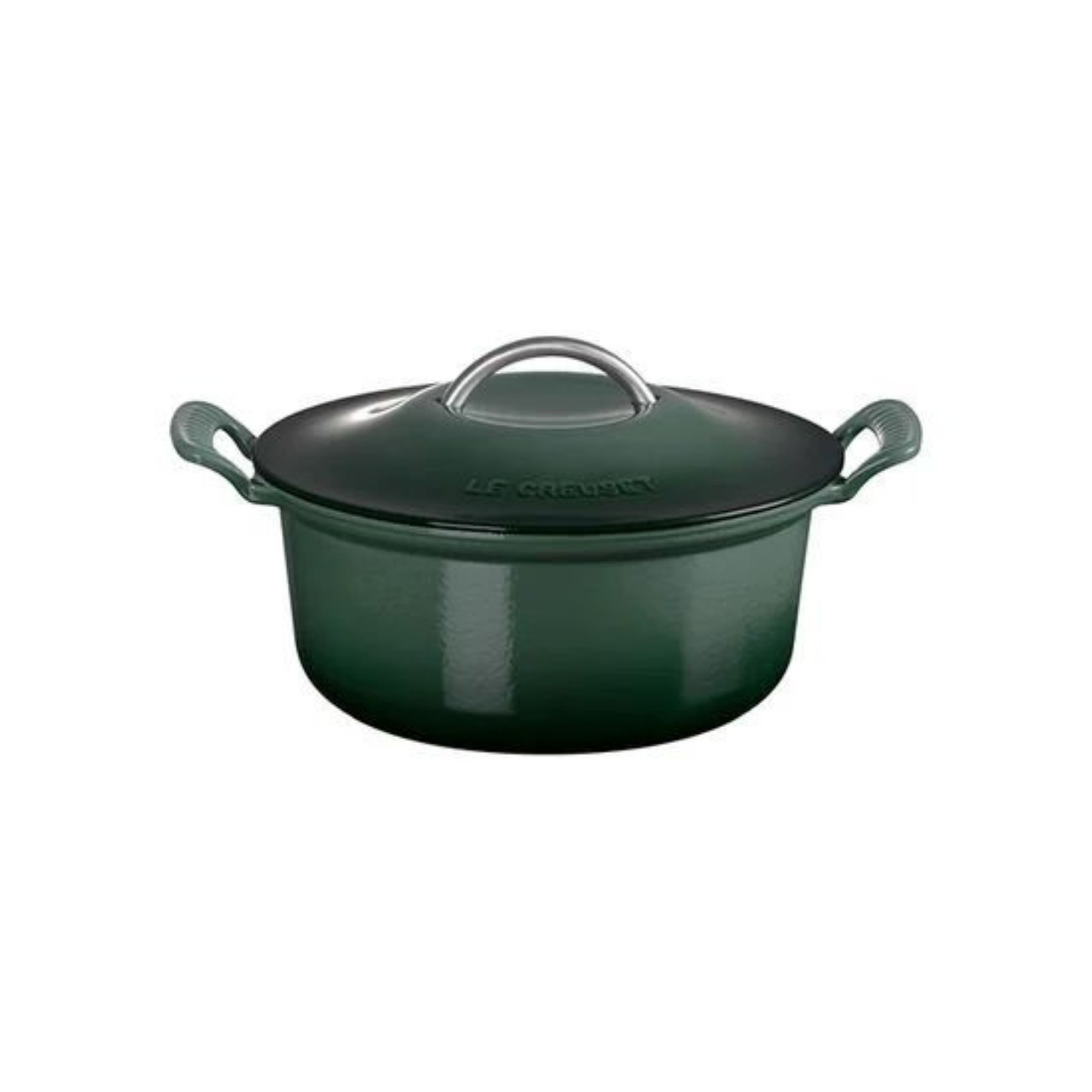 A dark green Le Creuset Modern Heritage Round Dutch Oven with wide side handles and a curved silver lid handle, against a white background.