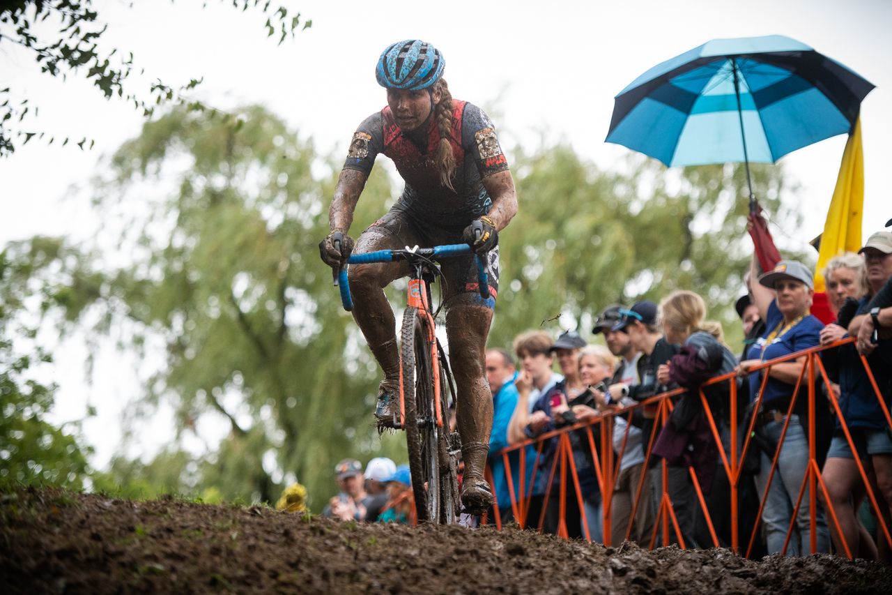 Rebecca Fahringer begins the muddy descent.