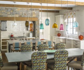 Kitchen diner with colorful pendant lights