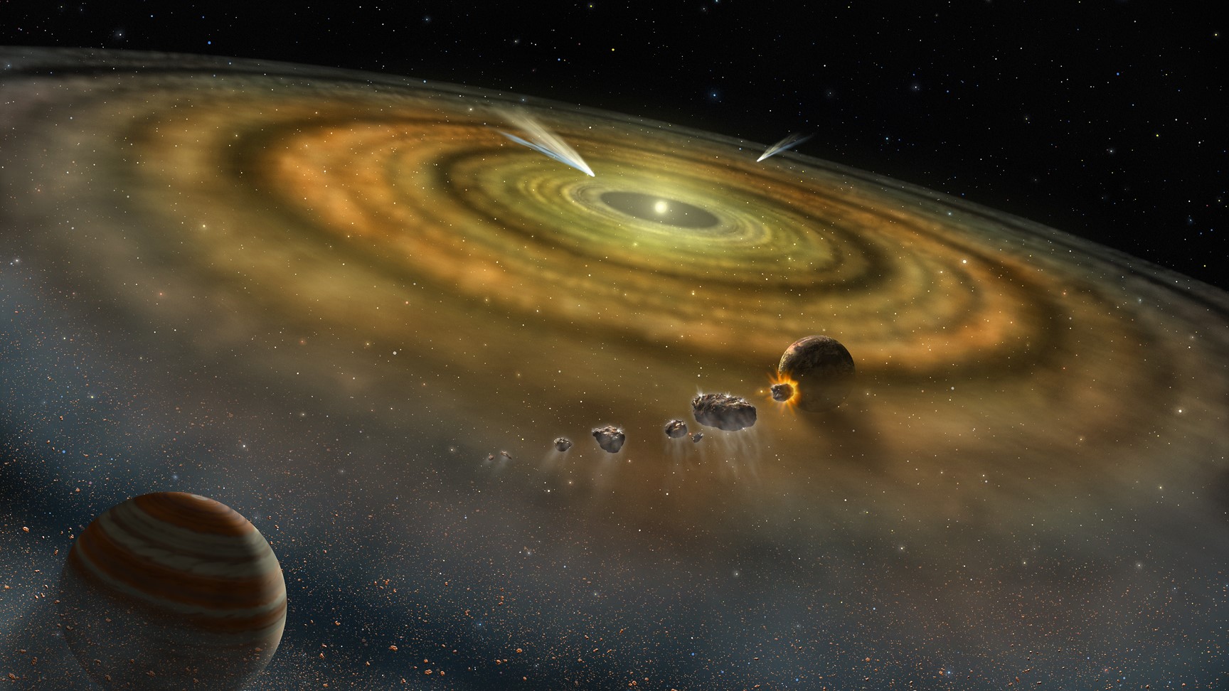 Artystyczne przedstawienie planet powstałych z dysku materiału otaczającego gwiazdę.