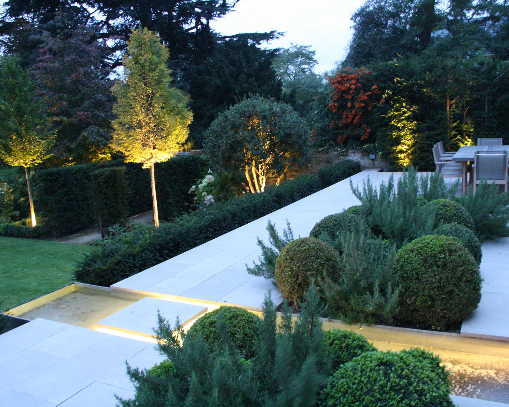 Uplit trees topiary and garden path