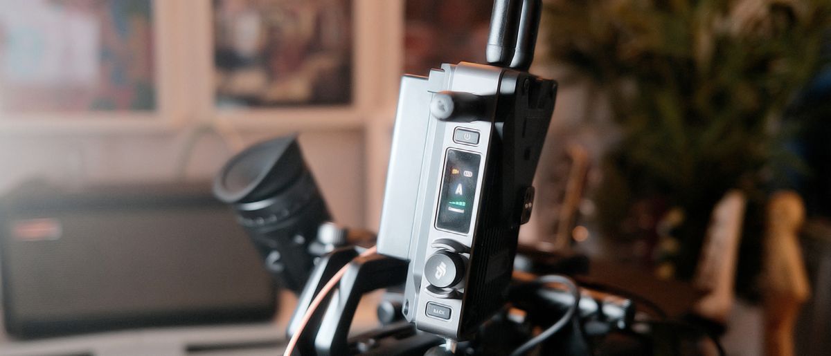 A DJI transmitter mounted on a Pyxis cinema camera