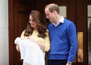 rince William, Duke of Cambridge and Catherine, Duchess Of Cambridge depart the Lindo Wing with their new baby daughter at St Mary's Hospital on May 2, 2015 in London, England