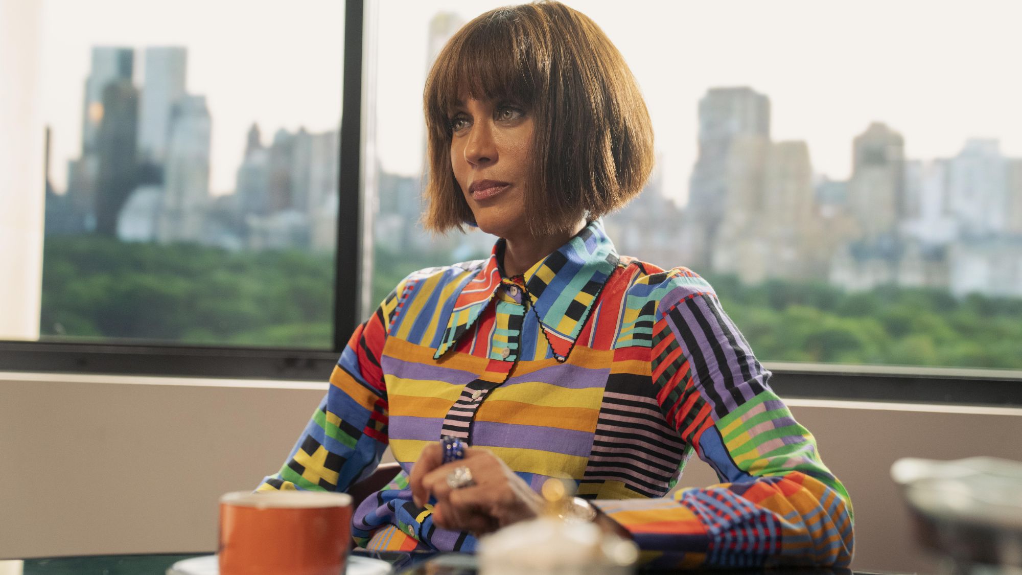 lisa todd wexley wearing a colourful shirt in and just like that
